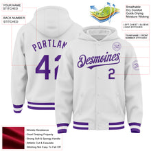 Загрузить изображение в средство просмотра галереи, Custom White Purple Bomber Full-Snap Varsity Letterman Hoodie Jacket
