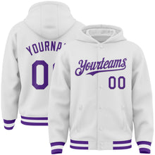 Загрузить изображение в средство просмотра галереи, Custom White Purple Bomber Full-Snap Varsity Letterman Hoodie Jacket
