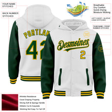 Load image into Gallery viewer, Custom White Green-Gold Bomber Full-Snap Varsity Letterman Two Tone Hoodie Jacket
