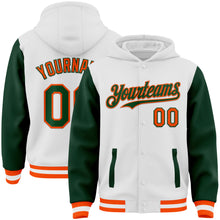 Загрузить изображение в средство просмотра галереи, Custom White Green-Orange Bomber Full-Snap Varsity Letterman Two Tone Hoodie Jacket
