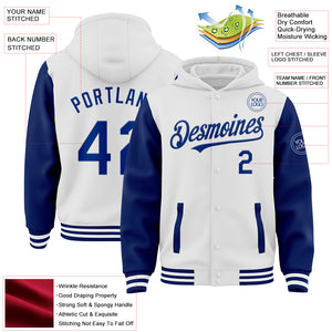 Custom White Royal Bomber Full-Snap Varsity Letterman Two Tone Hoodie Jacket