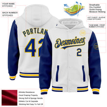 Load image into Gallery viewer, Custom White Royal-Yellow Bomber Full-Snap Varsity Letterman Two Tone Hoodie Jacket
