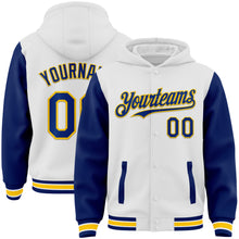 Load image into Gallery viewer, Custom White Royal-Yellow Bomber Full-Snap Varsity Letterman Two Tone Hoodie Jacket
