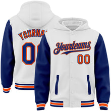 Charger l&#39;image dans la galerie, Custom White Royal-Orange Bomber Full-Snap Varsity Letterman Two Tone Hoodie Jacket
