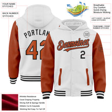 Charger l&#39;image dans la galerie, Custom White Texas Orange-Black Bomber Full-Snap Varsity Letterman Two Tone Hoodie Jacket
