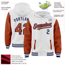 Загрузить изображение в средство просмотра галереи, Custom White Texas Orange-Navy Bomber Full-Snap Varsity Letterman Two Tone Hoodie Jacket
