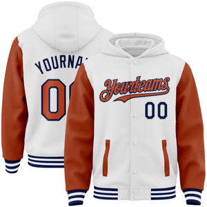 Custom White Texas Orange-Navy Bomber Full-Snap Varsity Letterman Two Tone Hoodie Jacket