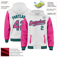 Charger l&#39;image dans la galerie, Custom White Pink Black-Teal Bomber Full-Snap Varsity Letterman Two Tone Hoodie Jacket
