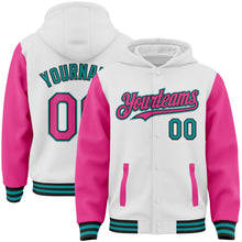 Charger l&#39;image dans la galerie, Custom White Pink Black-Teal Bomber Full-Snap Varsity Letterman Two Tone Hoodie Jacket
