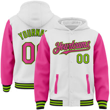 Charger l&#39;image dans la galerie, Custom White Pink Black-Neon Green Bomber Full-Snap Varsity Letterman Two Tone Hoodie Jacket
