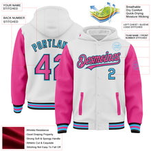 Charger l&#39;image dans la galerie, Custom White Pink Black-Sky Blue Bomber Full-Snap Varsity Letterman Two Tone Hoodie Jacket
