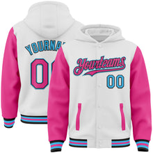 Charger l&#39;image dans la galerie, Custom White Pink Black-Sky Blue Bomber Full-Snap Varsity Letterman Two Tone Hoodie Jacket
