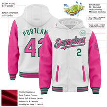 Load image into Gallery viewer, Custom White Pink-Kelly Green Bomber Full-Snap Varsity Letterman Two Tone Hoodie Jacket
