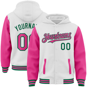 Custom White Pink-Kelly Green Bomber Full-Snap Varsity Letterman Two Tone Hoodie Jacket