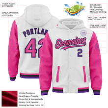 Load image into Gallery viewer, Custom White Pink Black-Purple Bomber Full-Snap Varsity Letterman Two Tone Hoodie Jacket
