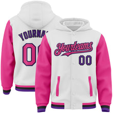 Load image into Gallery viewer, Custom White Pink Black-Purple Bomber Full-Snap Varsity Letterman Two Tone Hoodie Jacket
