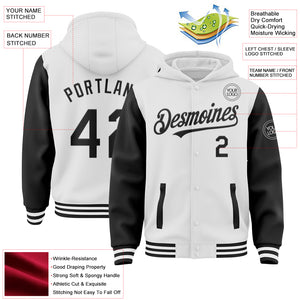 Custom White Black Bomber Full-Snap Varsity Letterman Two Tone Hoodie Jacket