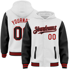 Load image into Gallery viewer, Custom White Black-Red Bomber Full-Snap Varsity Letterman Two Tone Hoodie Jacket
