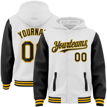 Load image into Gallery viewer, Custom White Black-Gold Bomber Full-Snap Varsity Letterman Two Tone Hoodie Jacket
