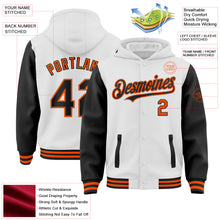 Charger l&#39;image dans la galerie, Custom White Black-Orange Bomber Full-Snap Varsity Letterman Two Tone Hoodie Jacket
