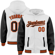 Charger l&#39;image dans la galerie, Custom White Black-Orange Bomber Full-Snap Varsity Letterman Two Tone Hoodie Jacket
