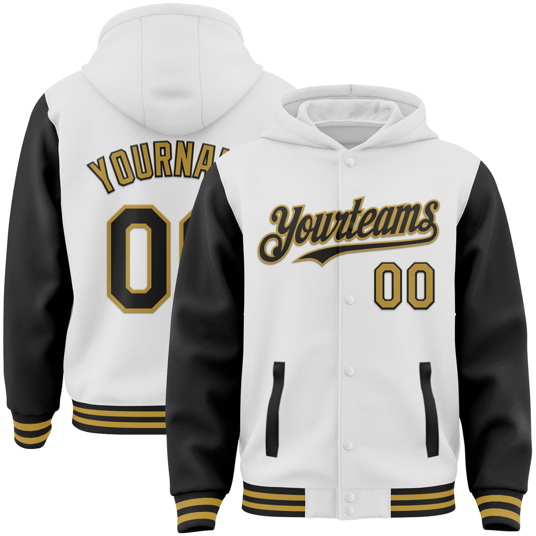 Custom White Black-Old Gold Bomber Full-Snap Varsity Letterman Two Tone Hoodie Jacket