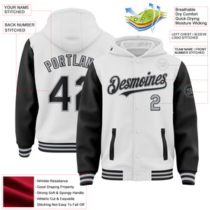 Custom White Black-Gray Bomber Full-Snap Varsity Letterman Two Tone Hoodie Jacket