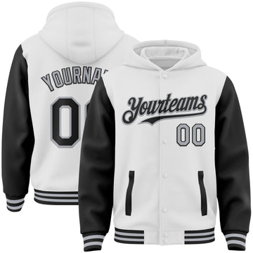 Custom White Black-Gray Bomber Full-Snap Varsity Letterman Two Tone Hoodie Jacket