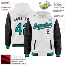 Charger l&#39;image dans la galerie, Custom White Teal-Black Bomber Full-Snap Varsity Letterman Two Tone Hoodie Jacket
