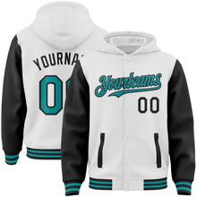 Charger l&#39;image dans la galerie, Custom White Teal-Black Bomber Full-Snap Varsity Letterman Two Tone Hoodie Jacket
