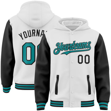 Custom White Teal-Black Bomber Full-Snap Varsity Letterman Two Tone Hoodie Jacket