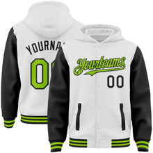 Charger l&#39;image dans la galerie, Custom White Neon Green-Black Bomber Full-Snap Varsity Letterman Two Tone Hoodie Jacket
