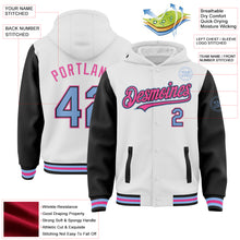 Charger l&#39;image dans la galerie, Custom White Light Blue Black-Pink Bomber Full-Snap Varsity Letterman Two Tone Hoodie Jacket
