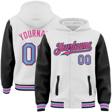 Charger l&#39;image dans la galerie, Custom White Light Blue Black-Pink Bomber Full-Snap Varsity Letterman Two Tone Hoodie Jacket
