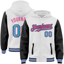 Charger l&#39;image dans la galerie, Custom White Sky Blue Black-Pink Bomber Full-Snap Varsity Letterman Two Tone Hoodie Jacket
