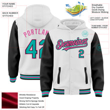 Загрузить изображение в средство просмотра галереи, Custom White Aqua Black-Pink Bomber Full-Snap Varsity Letterman Two Tone Hoodie Jacket
