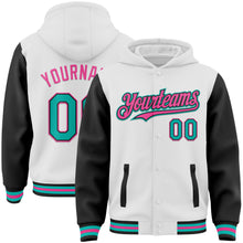 Загрузить изображение в средство просмотра галереи, Custom White Aqua Black-Pink Bomber Full-Snap Varsity Letterman Two Tone Hoodie Jacket
