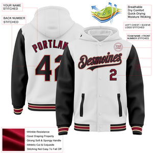 Custom White Black Crimson-City Cream Bomber Full-Snap Varsity Letterman Two Tone Hoodie Jacket