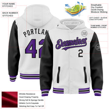 Загрузить изображение в средство просмотра галереи, Custom White Purple-Black Bomber Full-Snap Varsity Letterman Two Tone Hoodie Jacket
