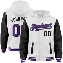 Загрузить изображение в средство просмотра галереи, Custom White Purple-Black Bomber Full-Snap Varsity Letterman Two Tone Hoodie Jacket
