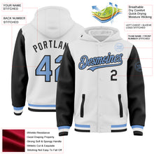 Загрузить изображение в средство просмотра галереи, Custom White Light Blue-Black Bomber Full-Snap Varsity Letterman Two Tone Hoodie Jacket
