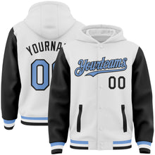 Загрузить изображение в средство просмотра галереи, Custom White Light Blue-Black Bomber Full-Snap Varsity Letterman Two Tone Hoodie Jacket
