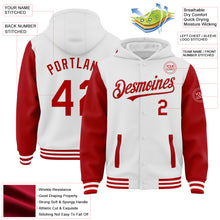 Charger l&#39;image dans la galerie, Custom White Red Bomber Full-Snap Varsity Letterman Two Tone Hoodie Jacket
