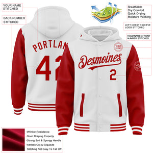 Custom White Red Bomber Full-Snap Varsity Letterman Two Tone Hoodie Jacket