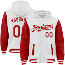 Charger l&#39;image dans la galerie, Custom White Red Bomber Full-Snap Varsity Letterman Two Tone Hoodie Jacket
