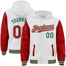 Load image into Gallery viewer, Custom White Red-Kelly Green Bomber Full-Snap Varsity Letterman Two Tone Hoodie Jacket
