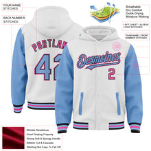 Загрузить изображение в средство просмотра галереи, Custom White Light Blue Black-Pink Bomber Full-Snap Varsity Letterman Two Tone Hoodie Jacket
