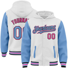 Загрузить изображение в средство просмотра галереи, Custom White Light Blue Black-Pink Bomber Full-Snap Varsity Letterman Two Tone Hoodie Jacket
