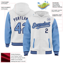 Charger l&#39;image dans la galerie, Custom White Light Blue-Navy Bomber Full-Snap Varsity Letterman Two Tone Hoodie Jacket
