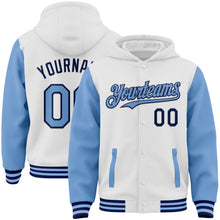 Charger l&#39;image dans la galerie, Custom White Light Blue-Navy Bomber Full-Snap Varsity Letterman Two Tone Hoodie Jacket
